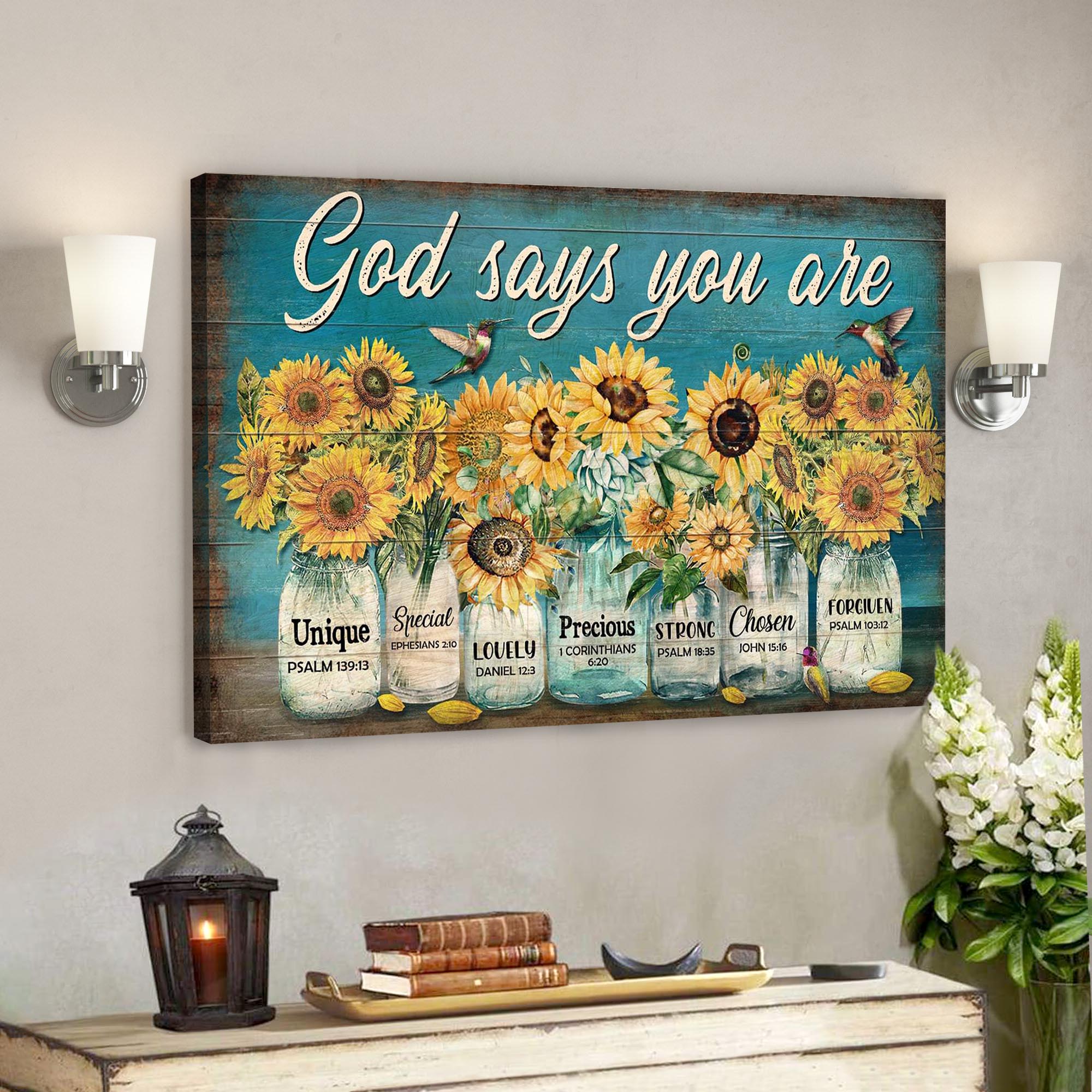 Sunflower Jar - God Says You Are Canvas Wall Art - Bible Verse Canvas ...