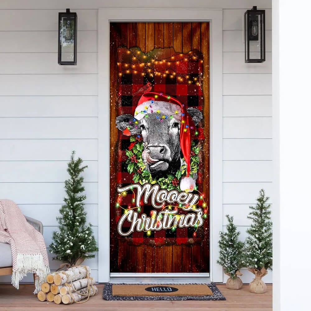 Mooey Christmas Angus Cow Door Cover - Christmas Door Cover Decorations - Christmas Outdoor Decoration