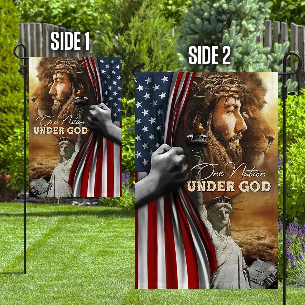 One Nation Under God Jesus Lion American House Flags - Christian Garden Flags - Outdoor Christian Flag