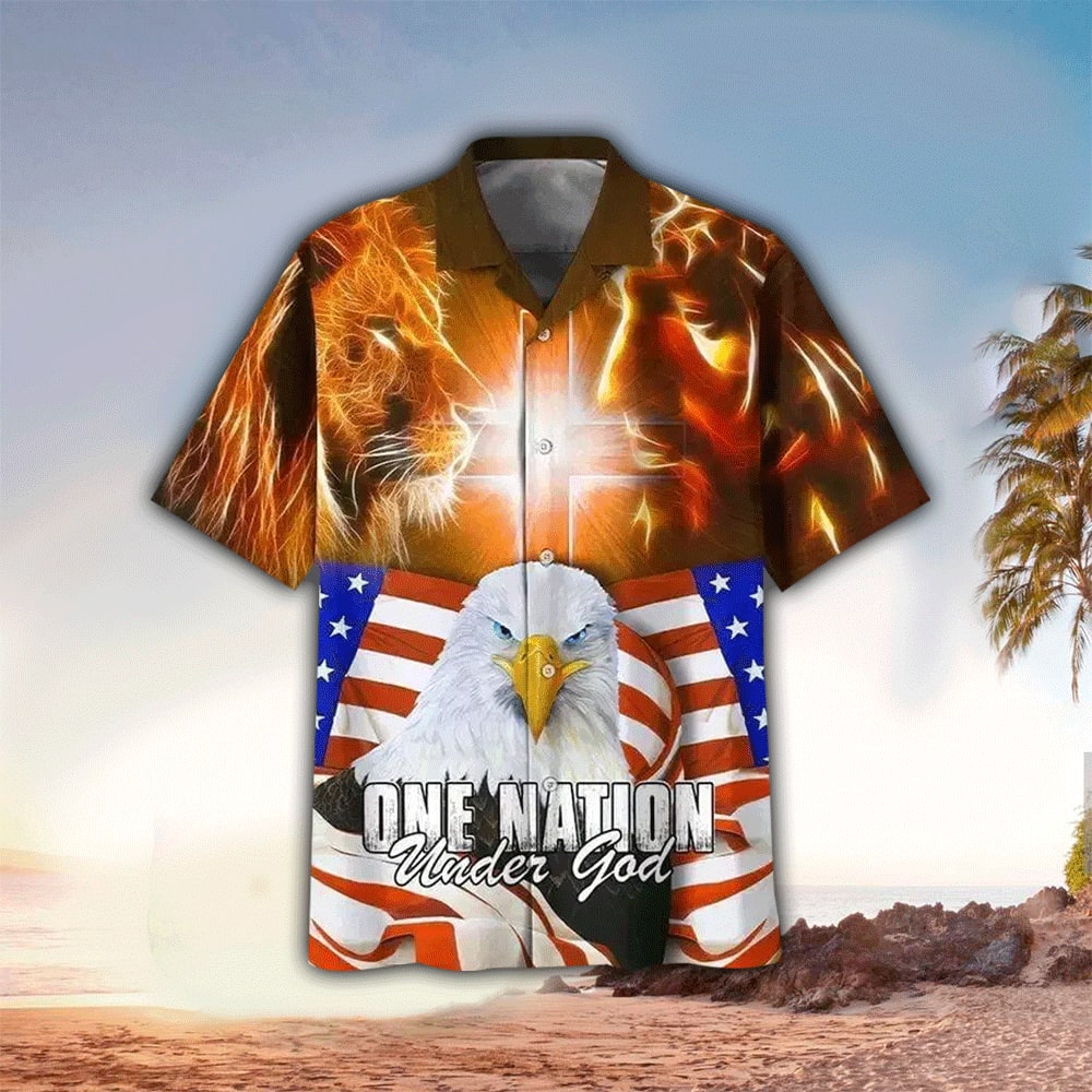 One Nation Under God Lion Eagle Jesus Hawaiian Shirt - Christian Hawaiian Shirt for Men Women