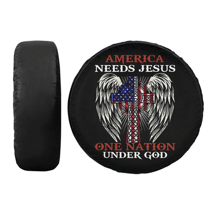 One Nation Under God Spare Tire Cover - Jesus Cross Wings Tire Wheel Protector - Christian Car Accessories