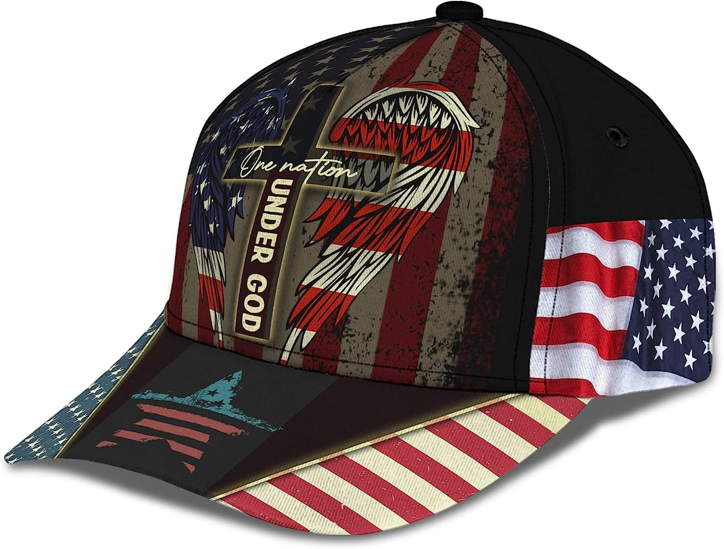 One Nation Under God Usa Flag Angel Wings Christian Cross All Over Print Baseball Cap - Christian Hats For Men Women