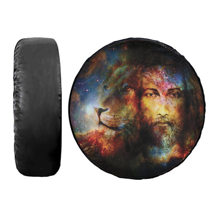 Painting Jesus With Lion In Space Tire Cover - Eye Contact Lion Portrait Wrap - Jesus Gift