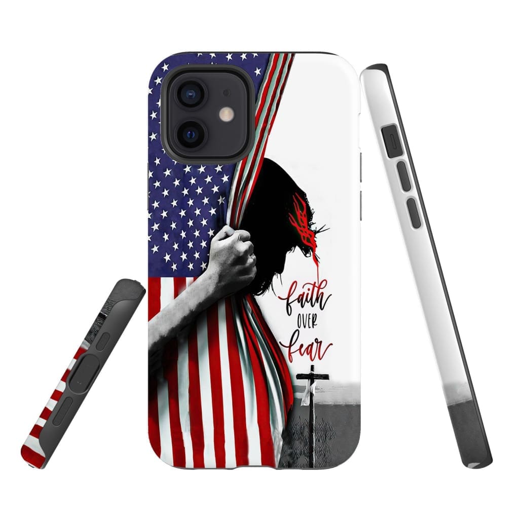 Patriotic Christian Phone Cases Faith Over Fear Jesus Face American Flag Phone Case - Inspirational Bible Scripture iPhone Cases