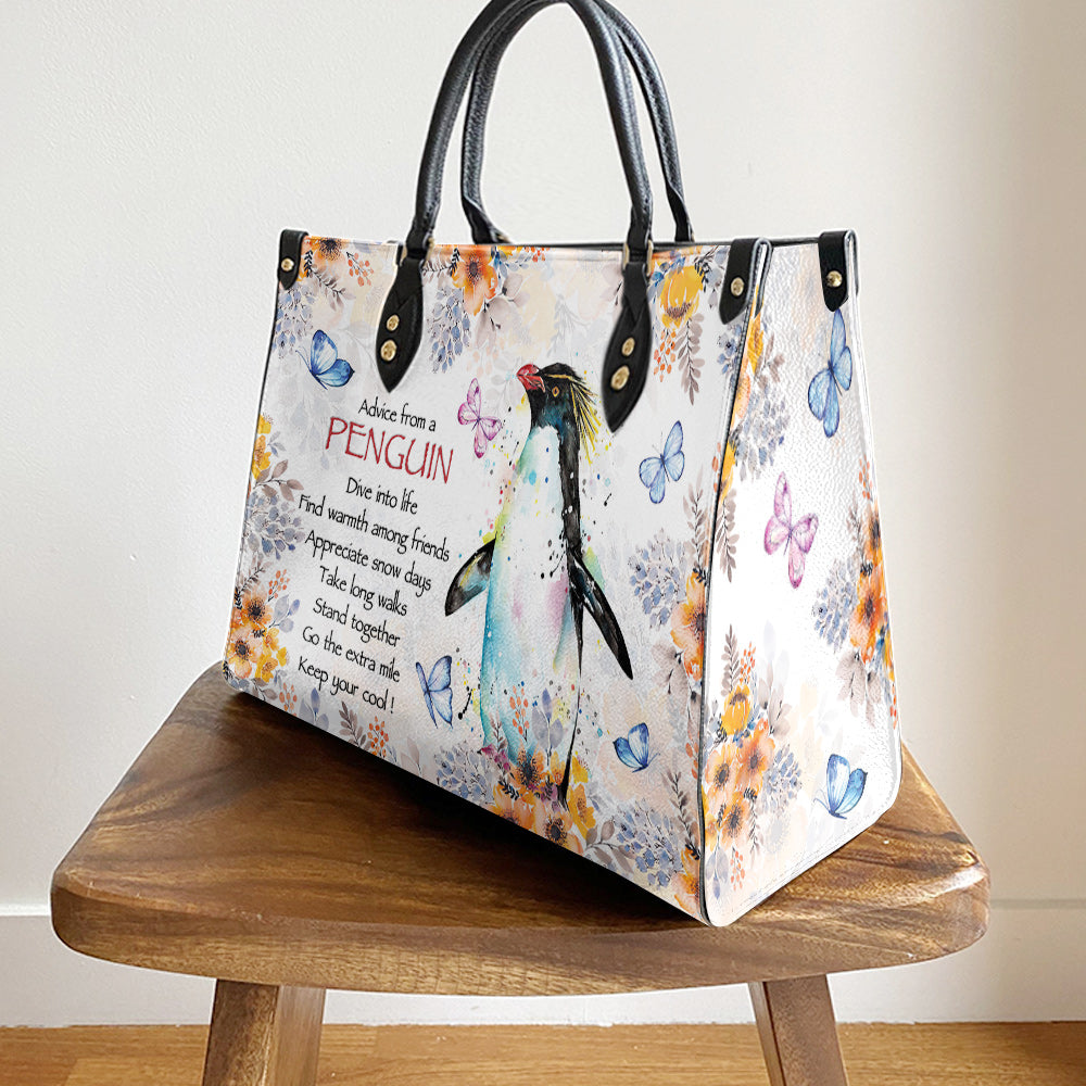 Penguin Watercolor Advice From A Penguin Leather Bag - Best Gifts For Penguin Lovers - Women's Pu Leather Bag