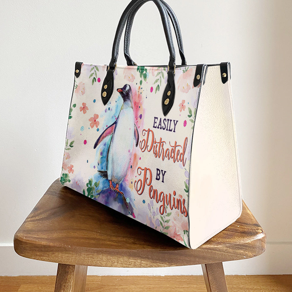 Penguin Watercolor Easily Distracted By Penguins Leather Bag - Best Gifts For Penguin Lovers - Women's Pu Leather Bag