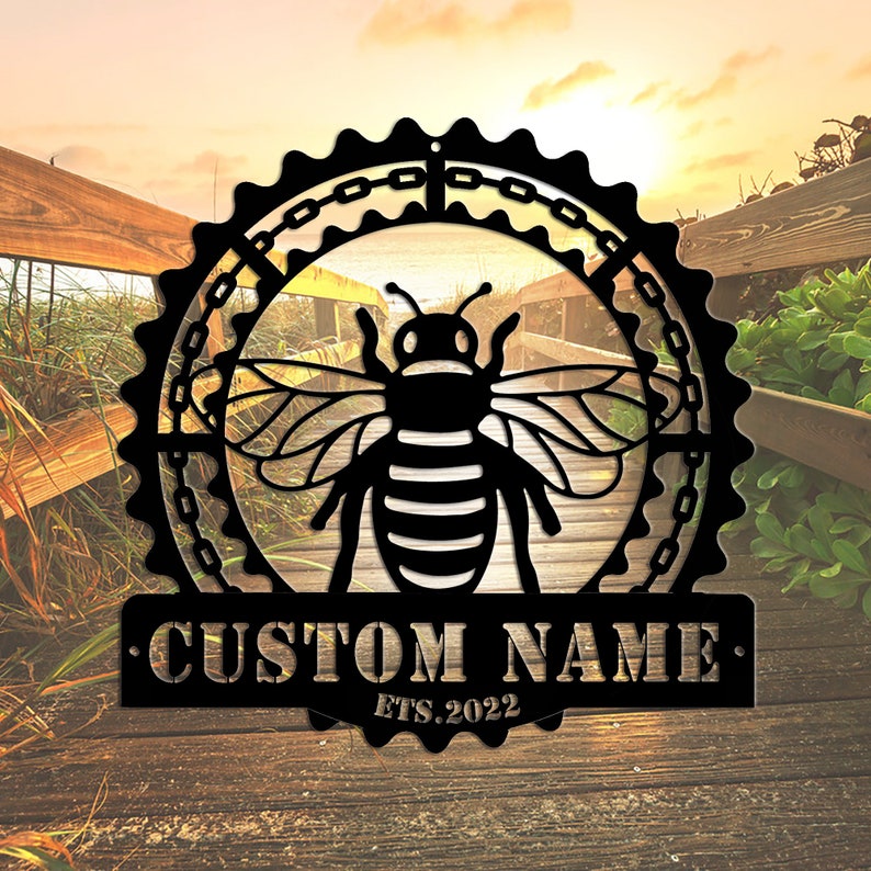 Personalized Bee Metal Sign - Farm Beehive Hive Sign - Custom Front Door Welcome Bees - Antique Indooroutdoor Metal Art - Housewarming Gift