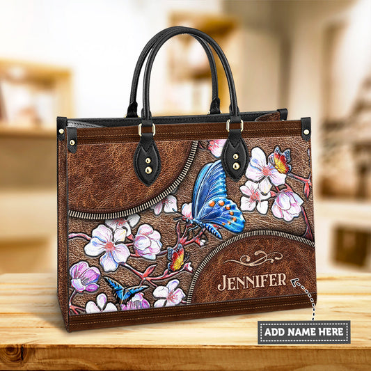 Personalized Butterfly Apricot Leather Bag - Women's Pu Leather Bag - Best Mother's Day Gifts