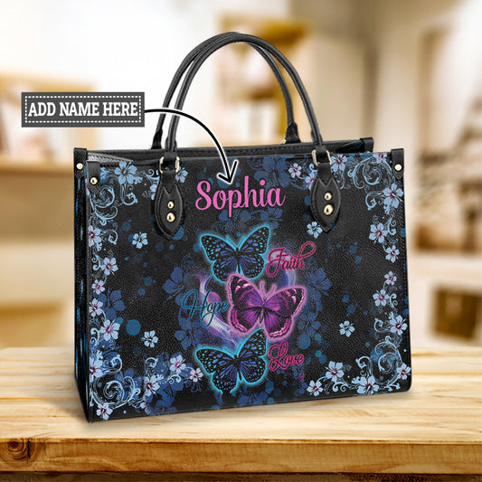 Personalized Butterfly Faith Hope Love Purple Leather Bag - Women's Pu Leather Bag - Best Mother's Day Gifts