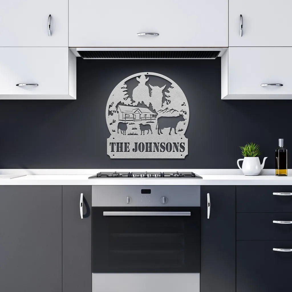 Personalized Cowboy Farm Wall Art Decor - Custom Farmhouse Metal Last Name Sign - Farm House Decor