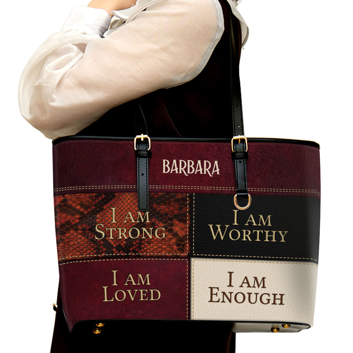 Personalized Large Leather Tote Bag I Am Loved I Am Enough - Spiritual Gifts For Christian Women