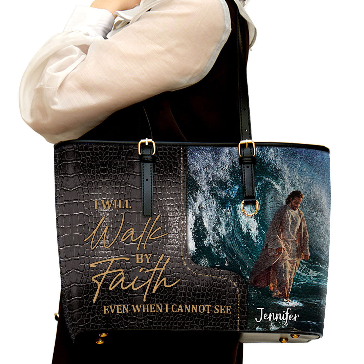 Personalized Large Leather Tote Bag I Will Walk By Faith Even I Cannot See - Spiritual Gifts For Christian Women
