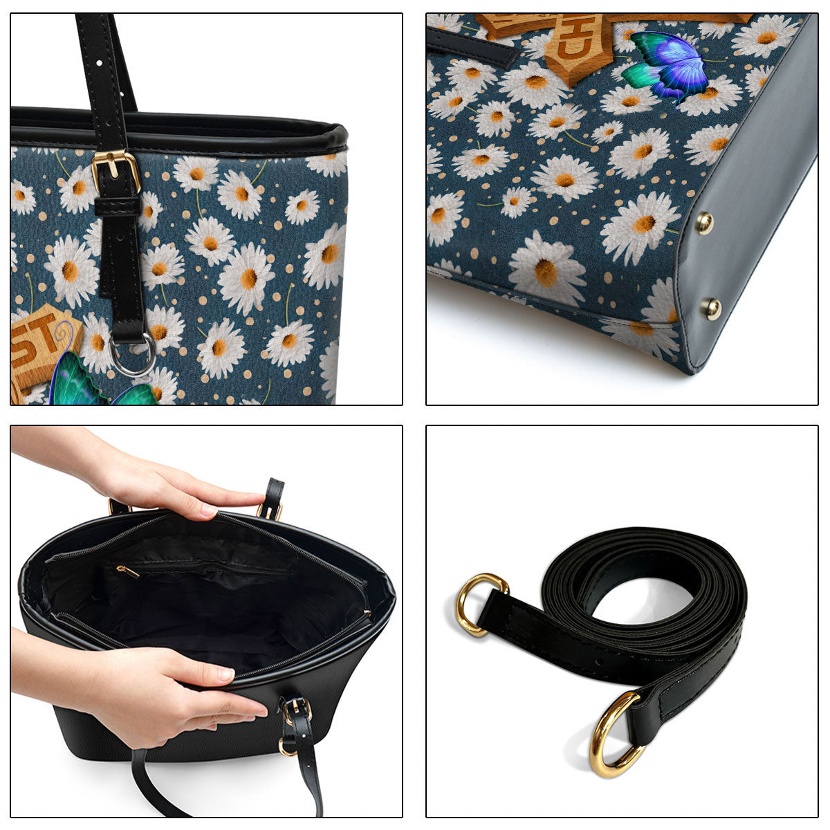 Philippians 413 Daisy And Cross I Can Do All Things Through Large Leather Tote Bag - Christ Gifts For Religious Women - Best Mother's Day Gifts