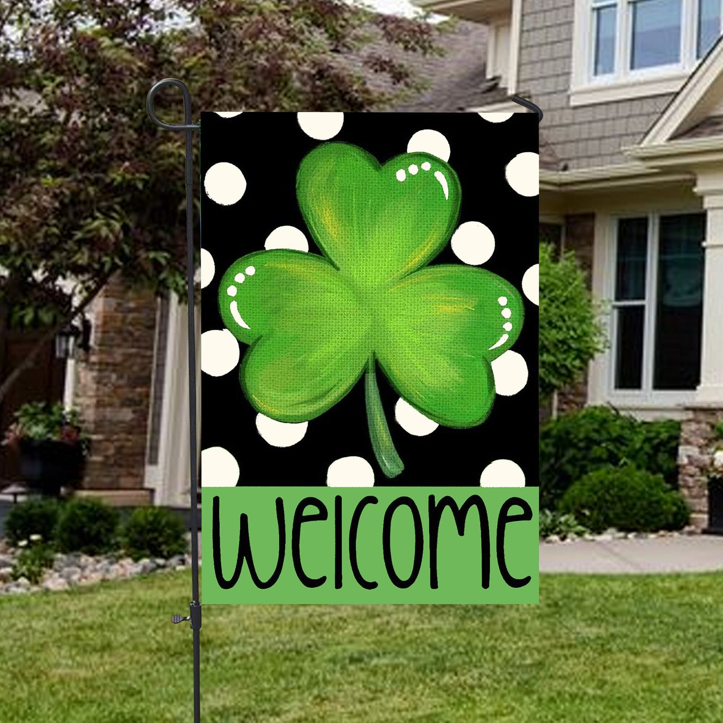 Polka Dot Welcome St. Patrick's Day Shamrock Clover House Flag - St. Patrick's Day Garden Flag - Outdoor St Patrick's Day Decor