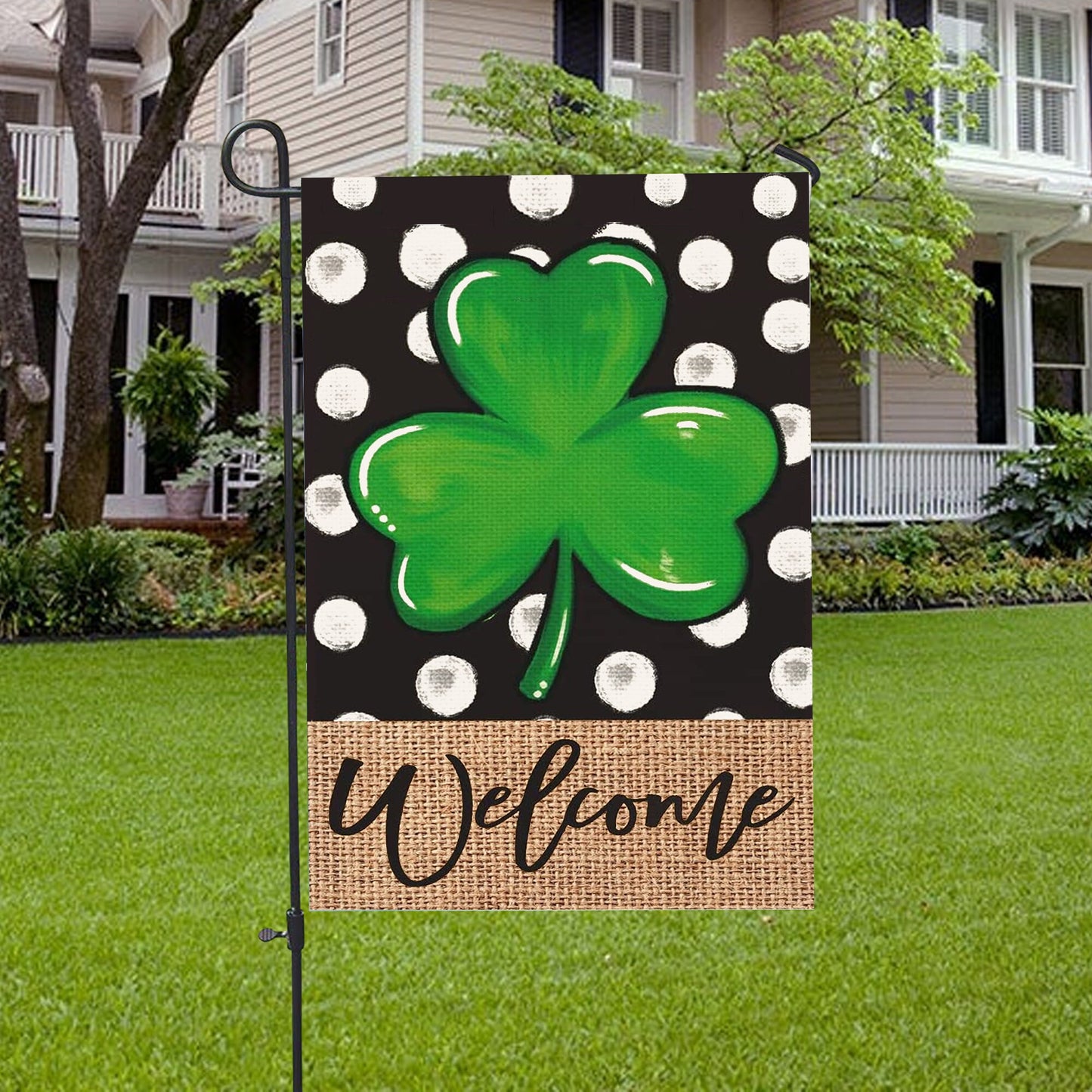 Polka Dot Welcome St. Patricks Day Shamrock Clover 1 House Flag - St. Patrick's Day Garden Flag - Outdoor St Patrick's Day Decor