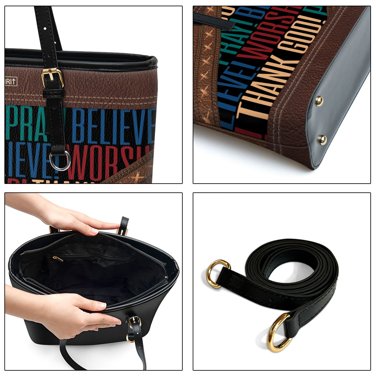 Pray Believe Worship Beautiful Personalized Large Pu Leather Tote Bag For Women - Mom Gifts For Mothers Day