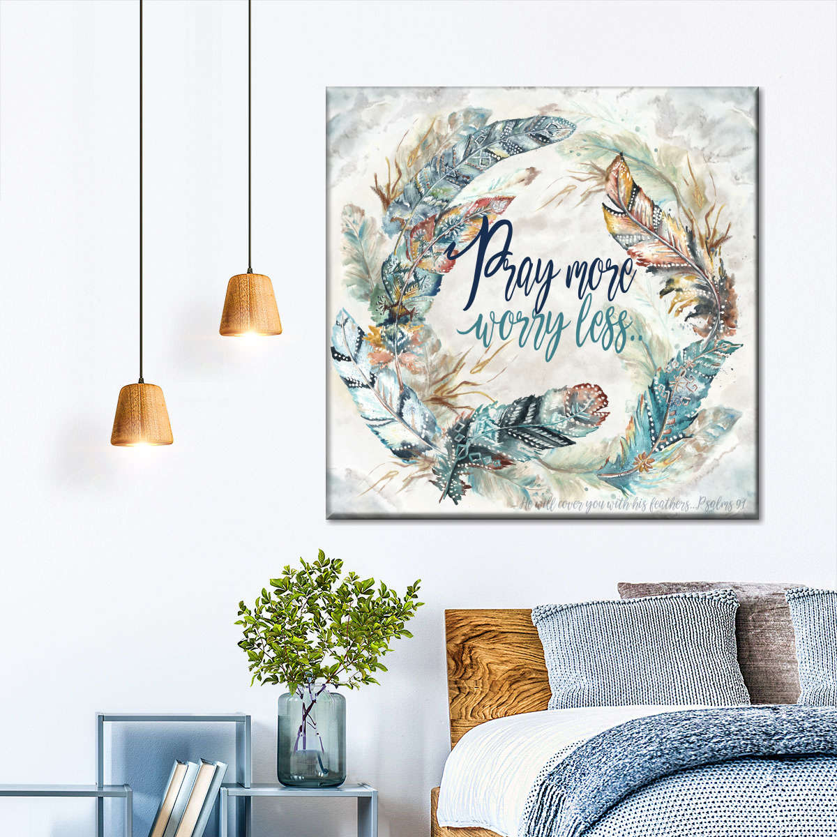 Pray More Worry Less Tribal Feathers Wreath Square Canvas Art - Christian Wall Decor - Christian Wall Hanging