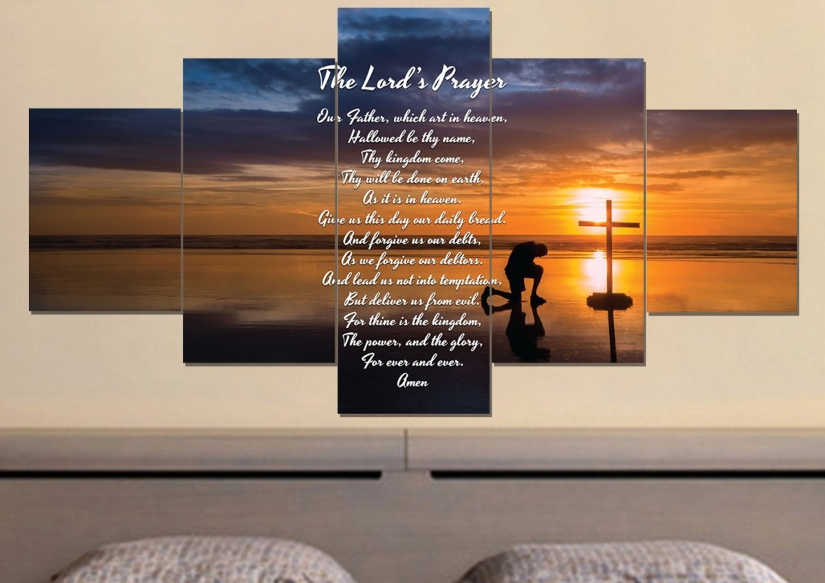 Praying At Cross & The Lords Prayer Wall Art - Christian Canvas Wall Art