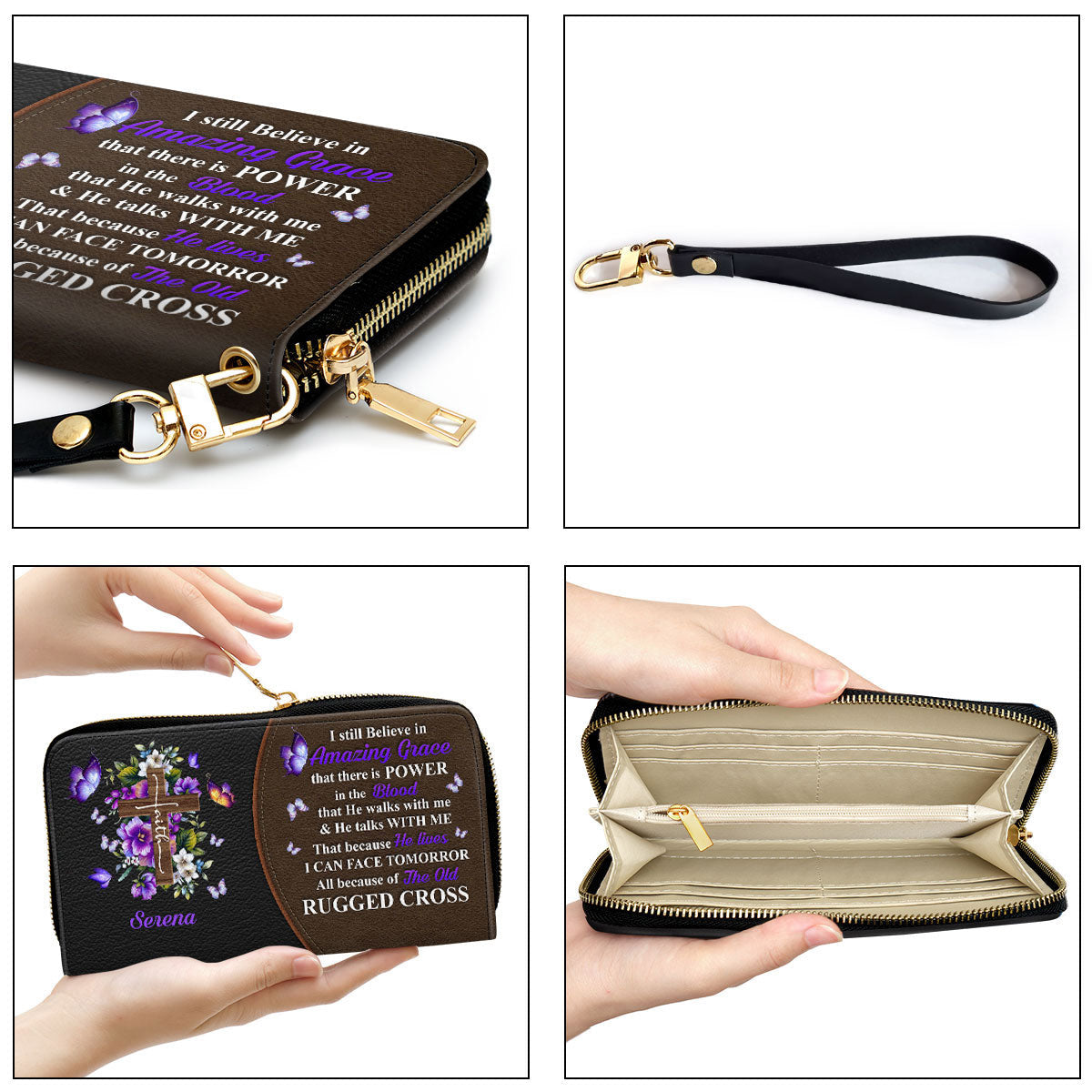 Pretty Floral Cross I Still Believe In Amazing Grace Clutch Purse For Women - Personalized Name - Christian Gifts For Women