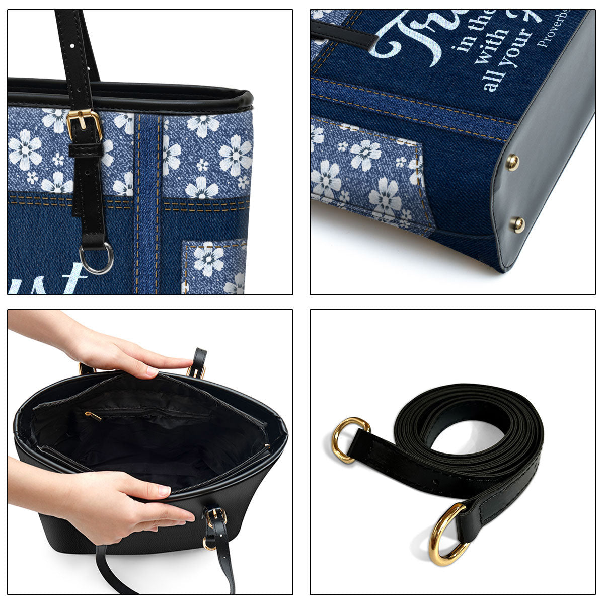 Proverbs 35 Trust In The Lord With All Your Heart Flower Large Leather Tote Bag - Christ Gifts For Religious Women - Best Mother's Day Gifts