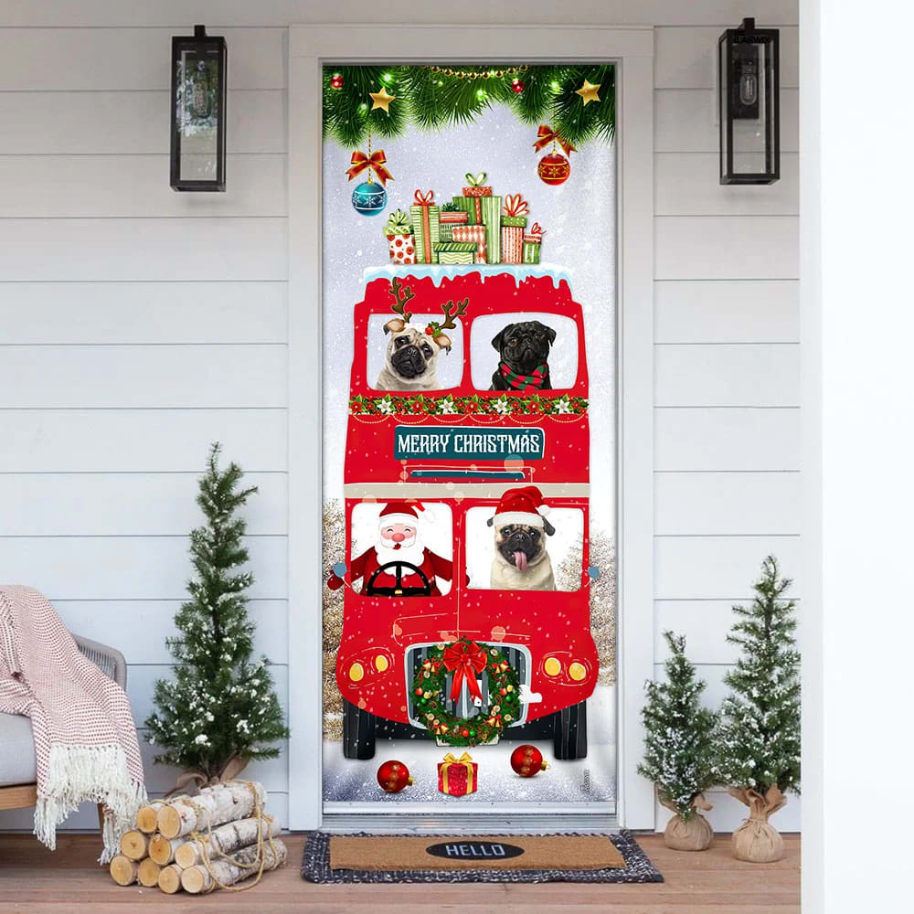 Pugs Christmas Bus Door Cover - Christmas Outdoor Decoration