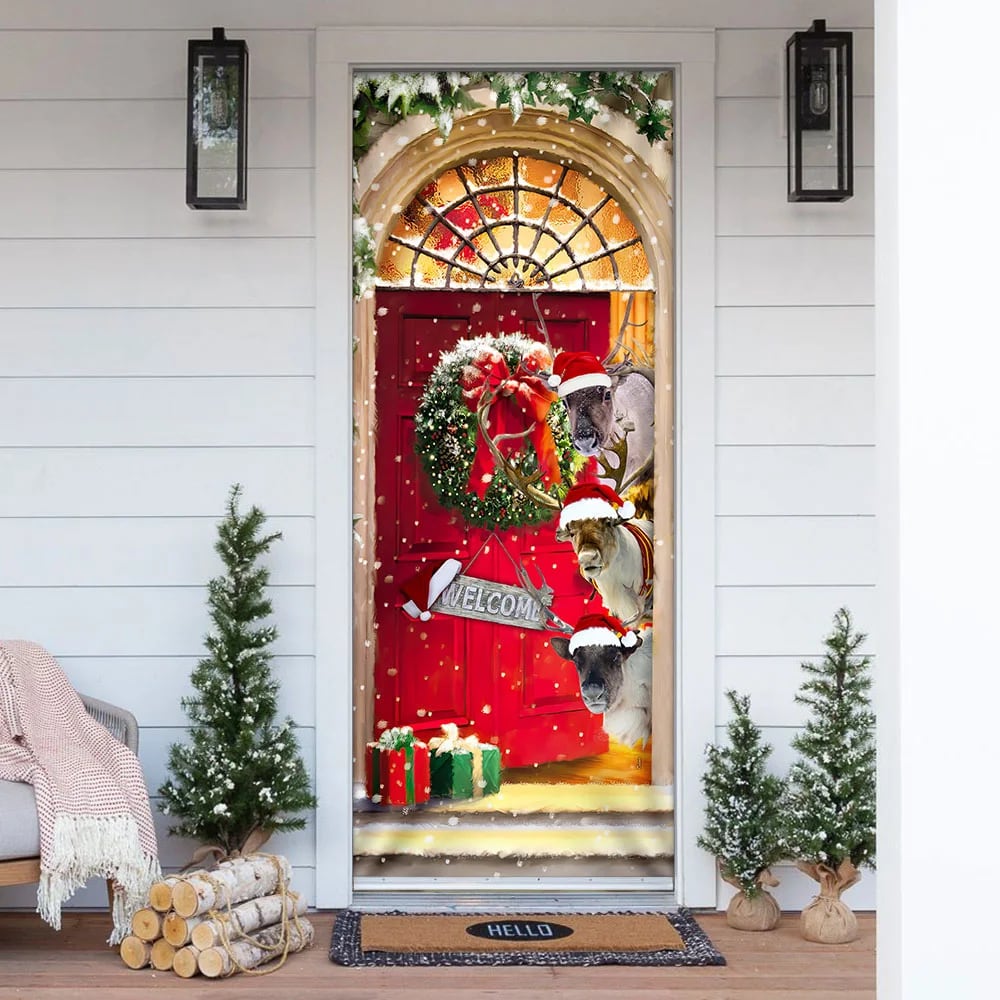 Reindeer Farmhouse Christmas Door Cover - Christmas Outdoor Decoration