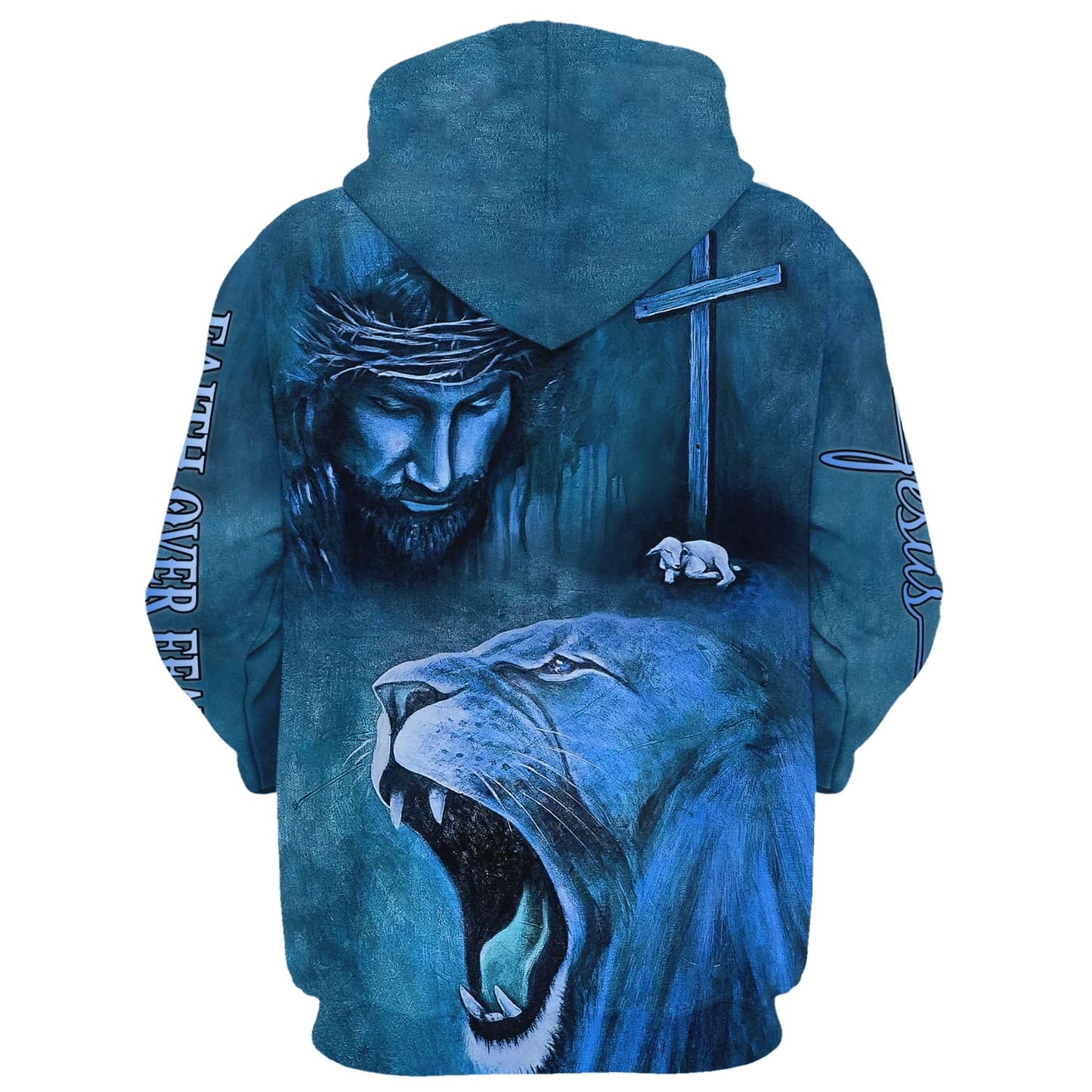 Roaring Blue Lion And Jesus - Faith Over Fear Hoodie - Men & Women Christian Hoodie - 3D Printed Hoodie