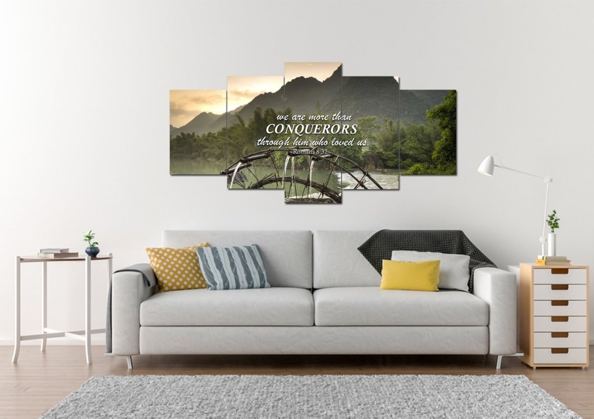 Romans 837 We Are Conquerors Through Him Canvas Wall Art Print - Christian Canvas Wall Art