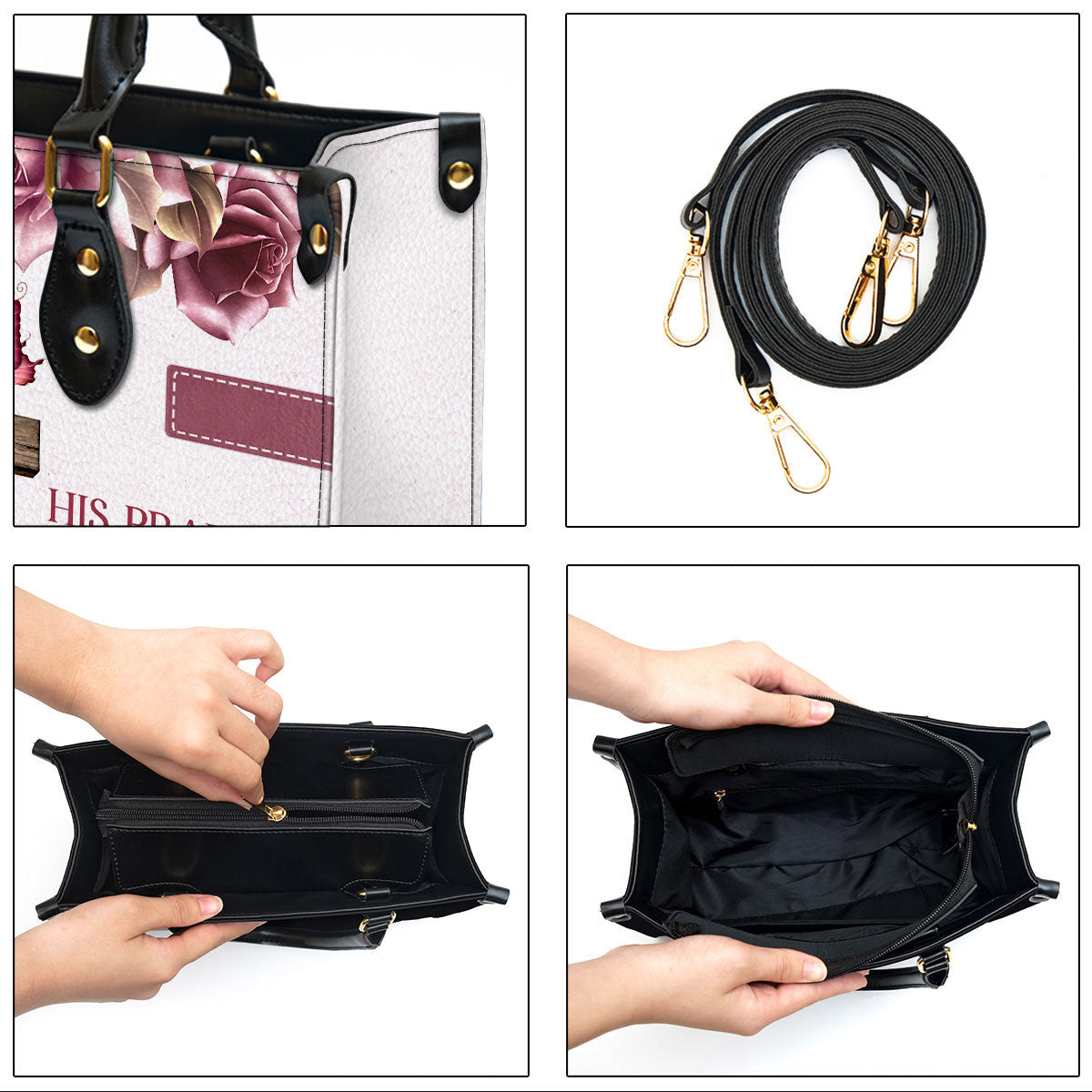 Rose & Cross Psalm 341 I Will Bless the Lord At All Times Leather Bag - Personalized Leather Bible Handbag - Christian Gifts for Women