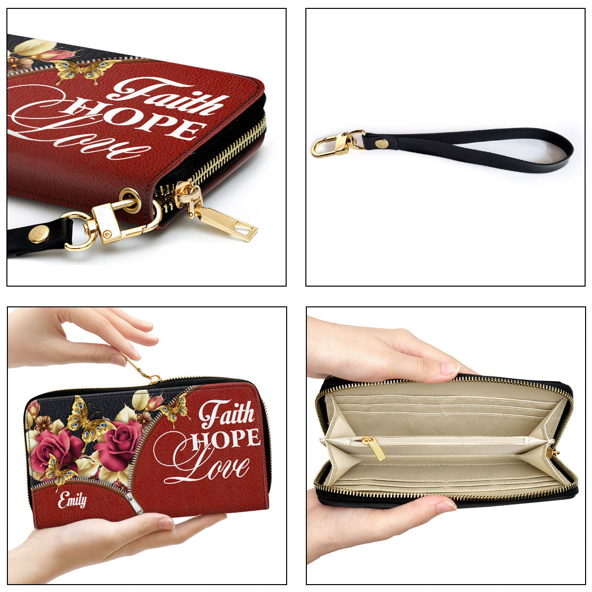 Roses Love Hope Faith Clutch Purse For Women - Personalized Name - Christian Gifts For Women