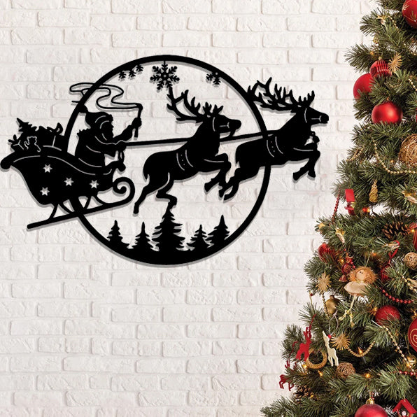 Santa Sleigh Metal Sign - Santa Sleigh and Reindeer Metal Wall Art - Christmas Wall Decor - Ciaocustom