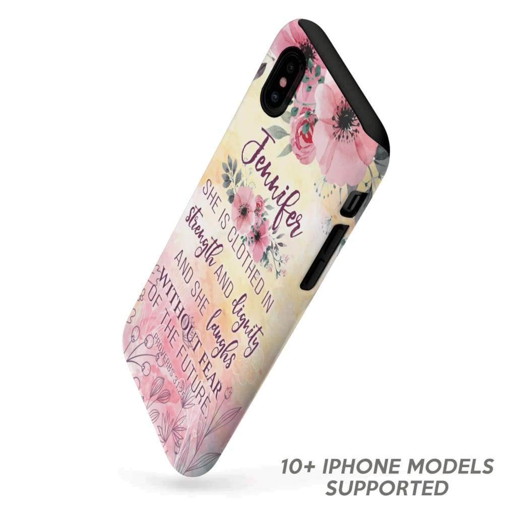 She Is Clothed In Strength And Dignity Proverbs 3125 Personalized Name Phone Case - Scripture Phone Cases - Iphone Cases Christian