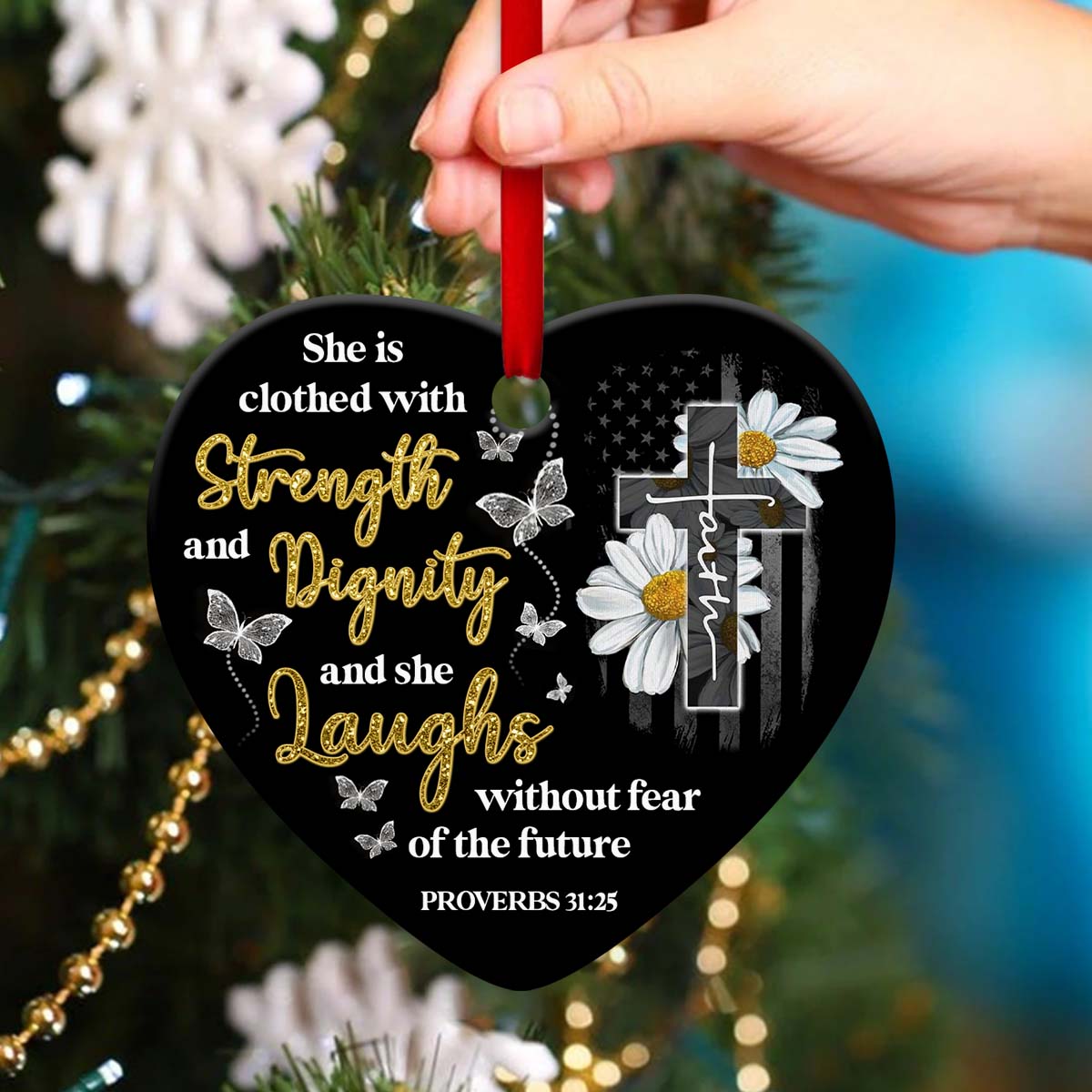 She Is Clothed With Strength And Dignity - Special Daisy Ceramic Heart Ornament