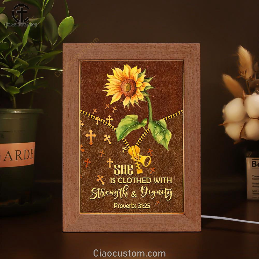 She Is Clothed With Strength And Dignity Sunflower Frame Lamp Prints - Bible Verse Wooden Lamp - Scripture Night Light