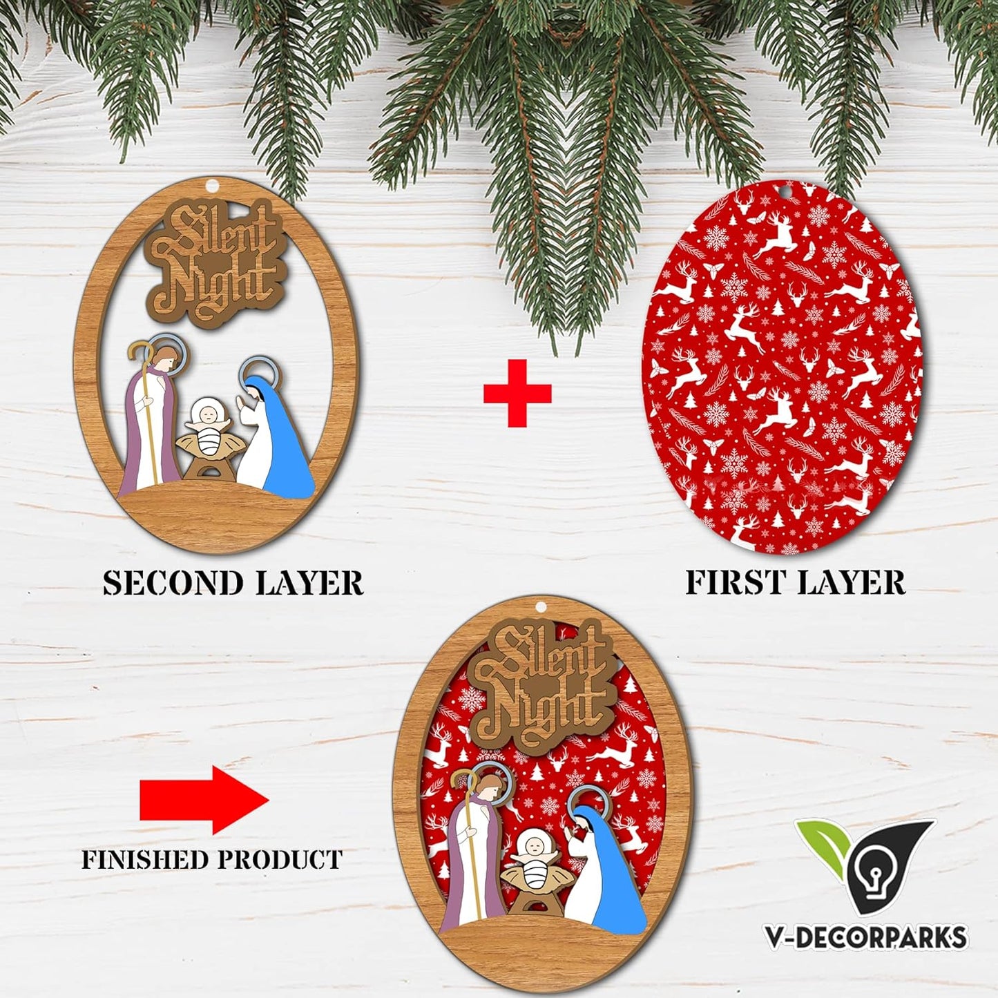 Silent Night Christian Nativity Wood Layered Ornaments - Christmas Tree Ornament