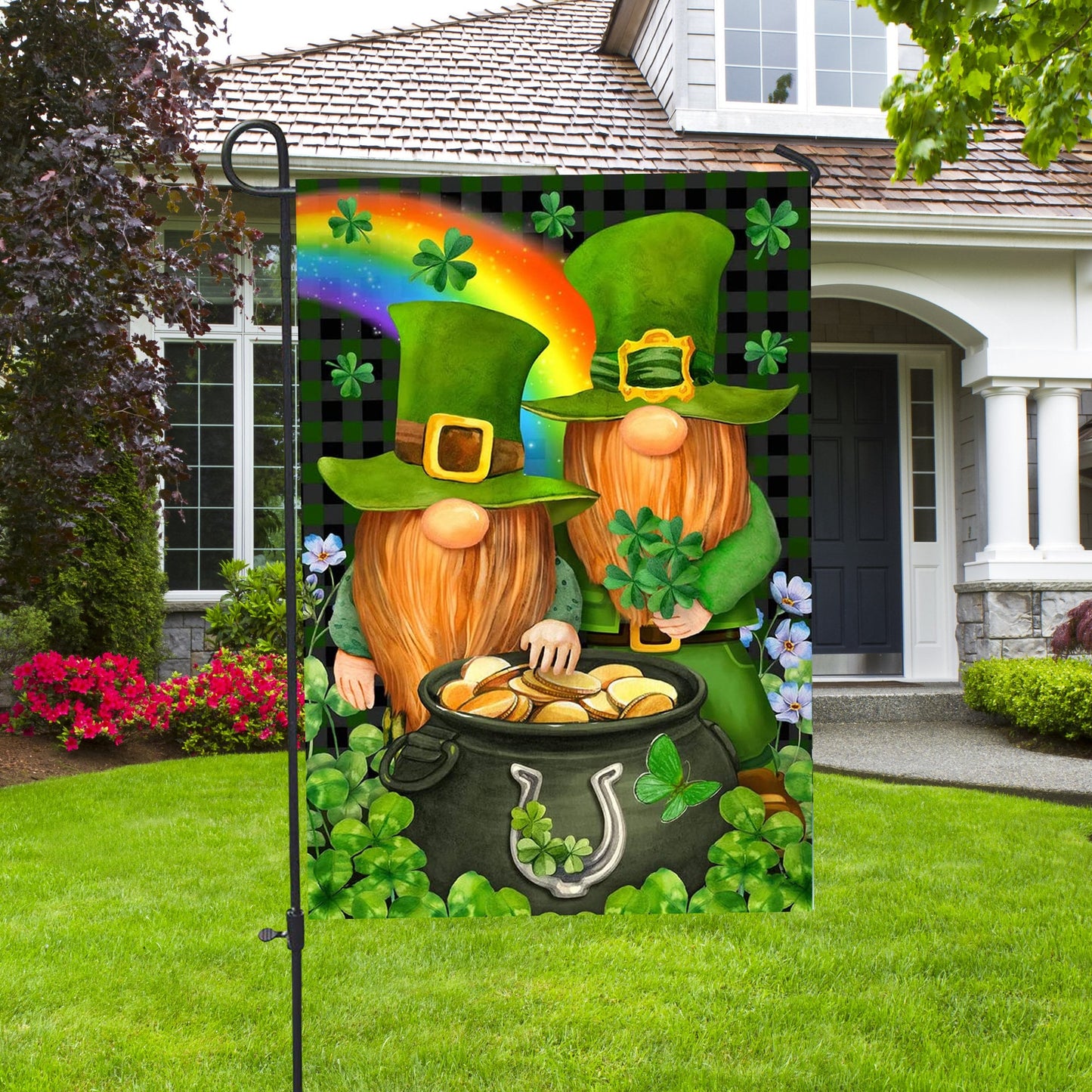 St. Patricks Day Leprechaun Gnome Shamrock Gold House Flag - St. Patrick's Day Garden Flag - Outdoor St Patrick's Day Decor