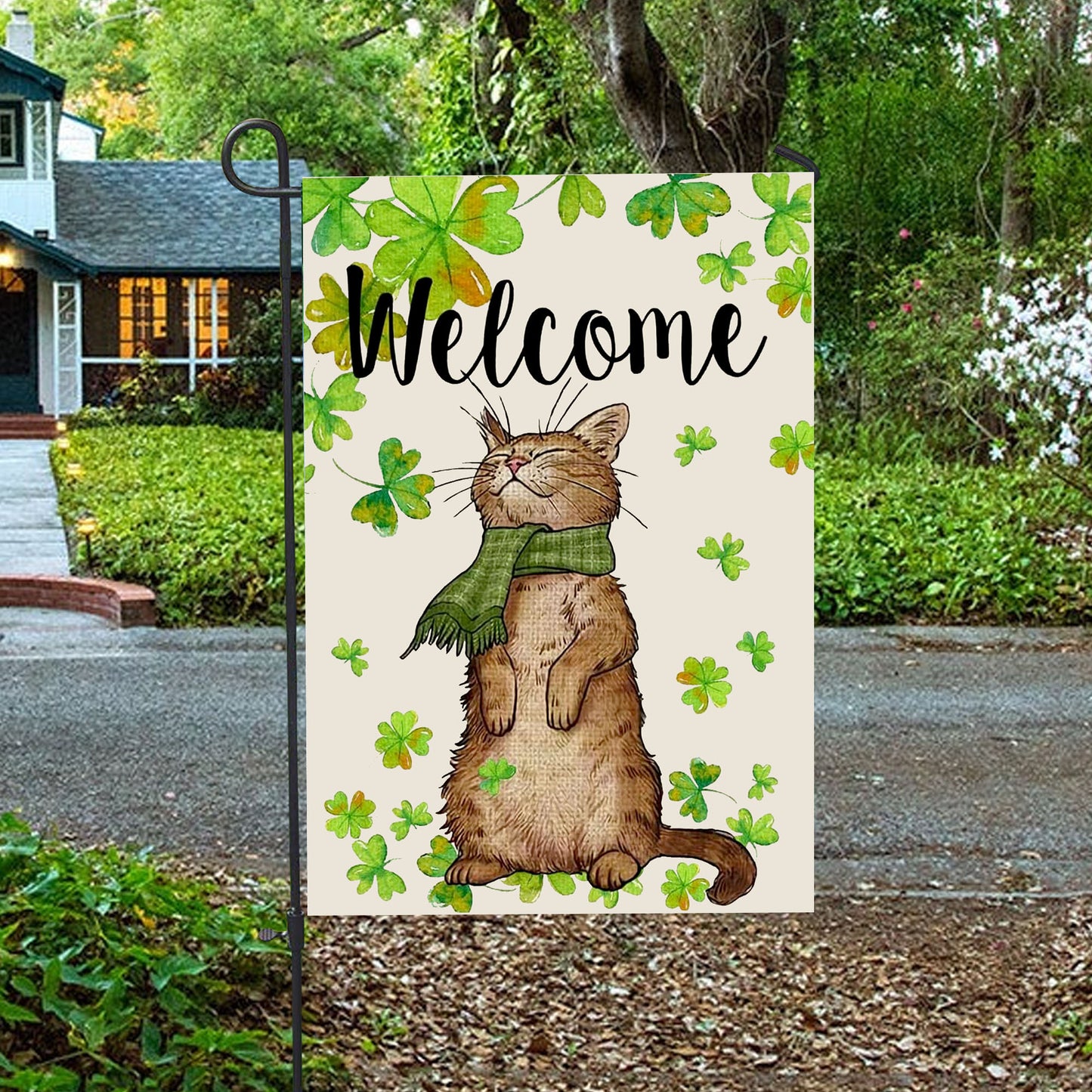 St. Patricks Day Welcome Cat And Shamrock Clover House Flag - St. Patrick's Day Garden Flag - Outdoor St Patrick's Day Decor