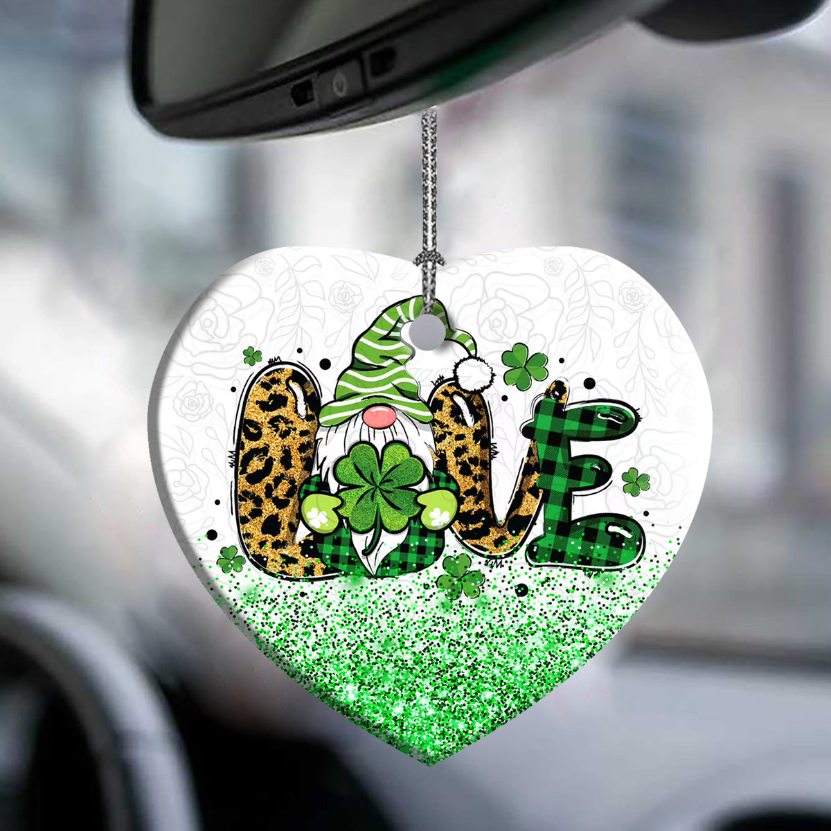 St Patricks Day Gnome With Clover Love Heart Ceramic Ornament - Christmas Ornament - Christmas Gift