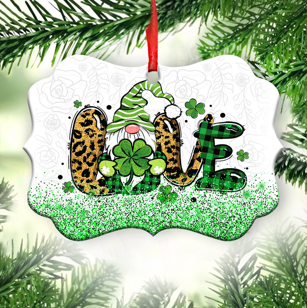 St Patricks Day Gnome With Clover Love Metal Ornament - Christmas Ornament - Christmas Gift