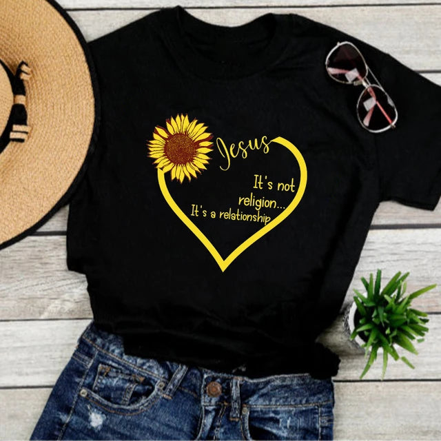 Sunflower Jesus It's Not Religion, It's A Relationship Women T-shirt - Women's Christian T Shirts - Women's Religious Shirts