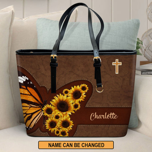 Sunflower And Butterfly Personalized Large Leather Tote Bag Spiritual Gifts For Women of God - Religious Gifts For Women Of God