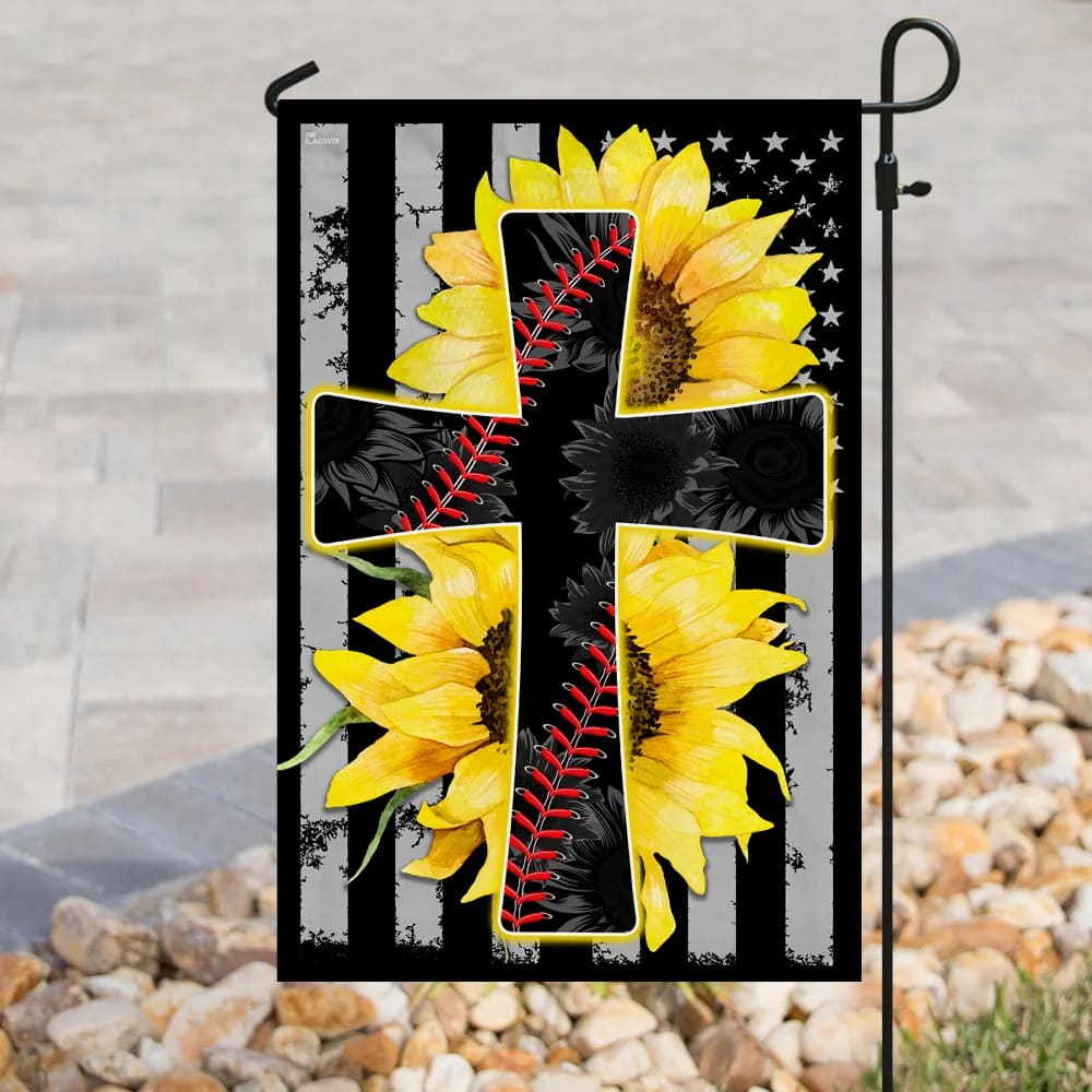 Sunflower Jesus Jesus And Softball Sunflower Christian Cross House Flag - Christian Garden Flags - Outdoor Religious Flags