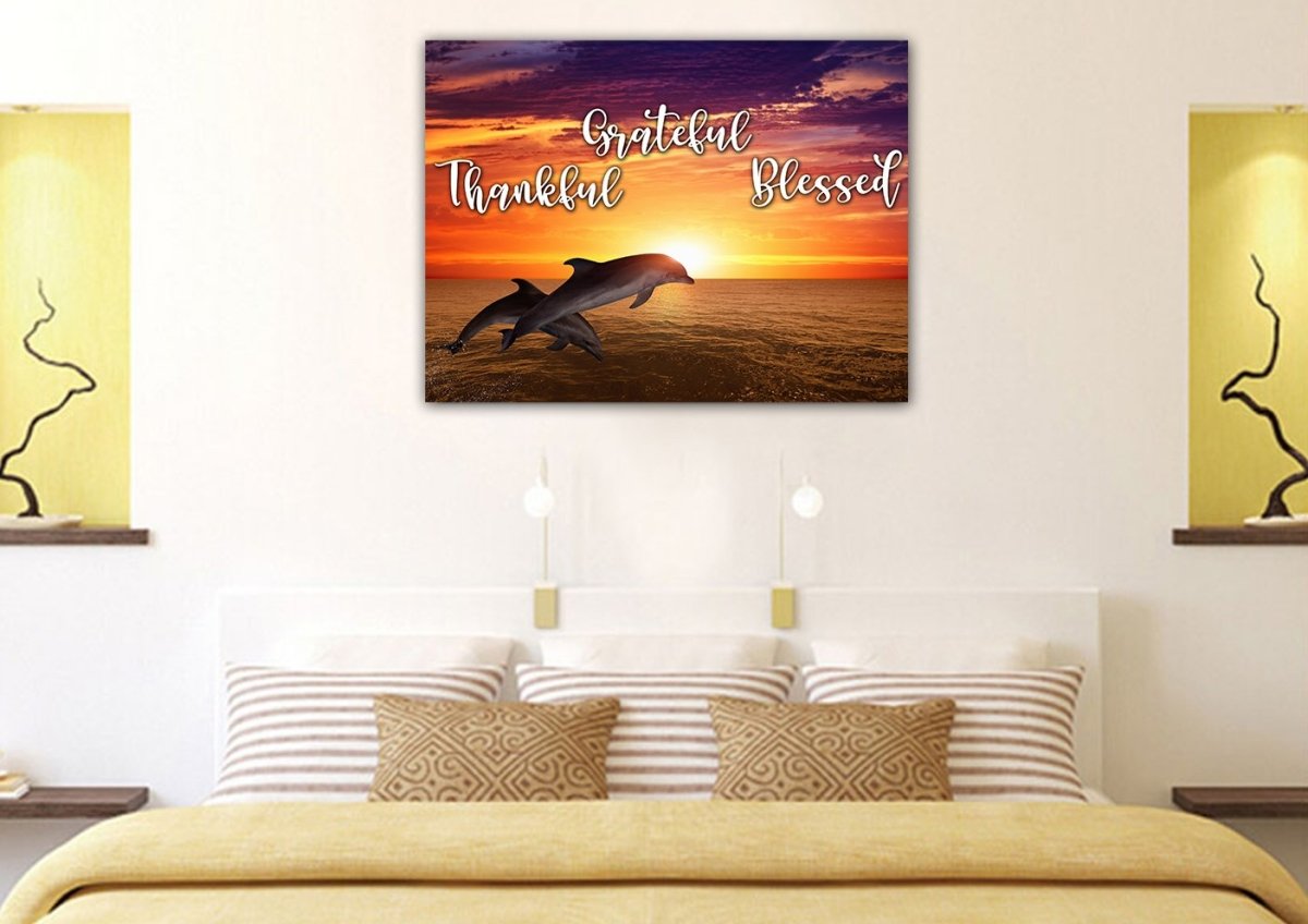 Sunset Dolphins Thankful, Grateful & Blessed Wall Art - Christian Canvas Wall Art