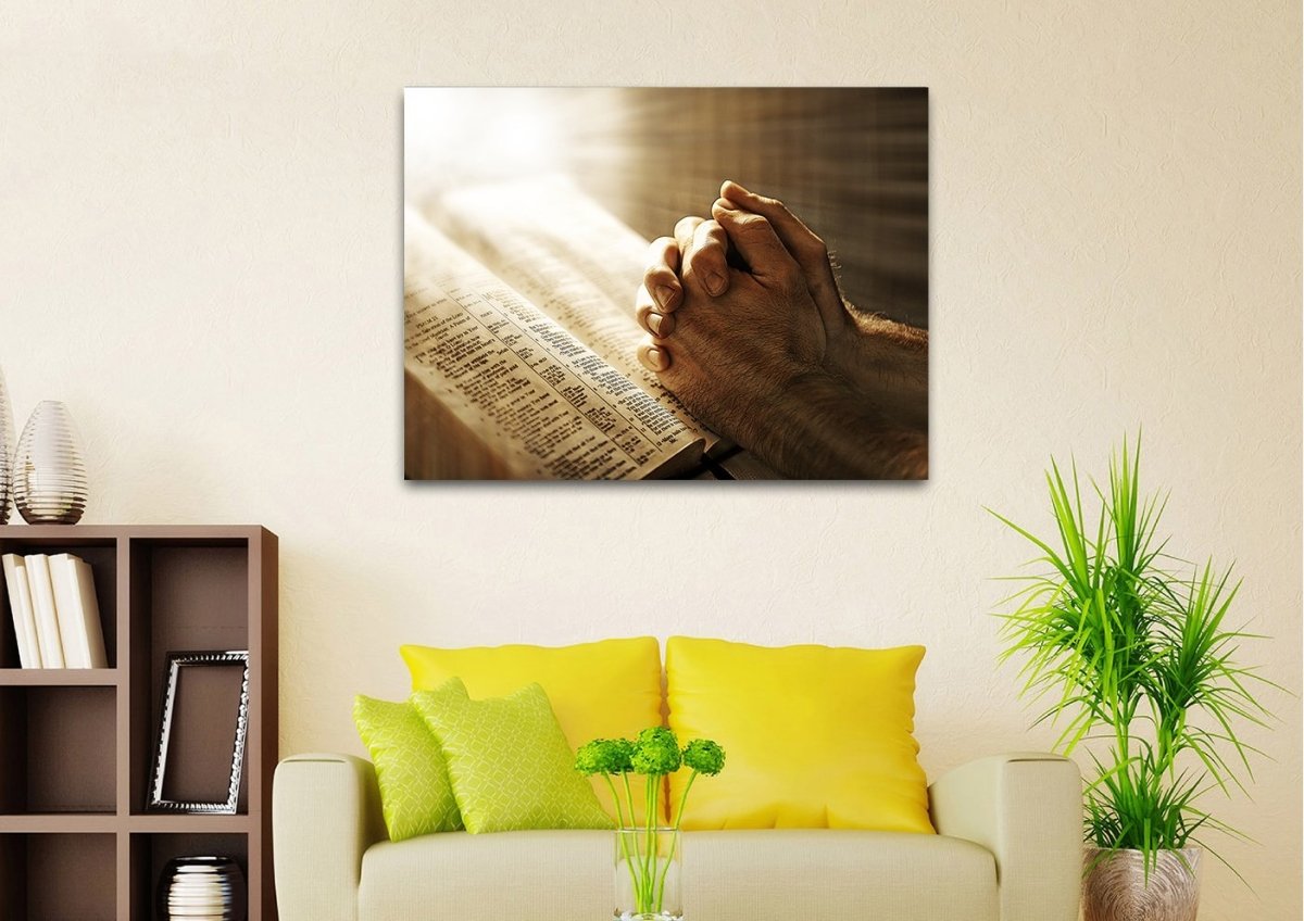 Sunshine On Holy Bible & Praying Hands Wall Art - Christian Canvas Wall Art