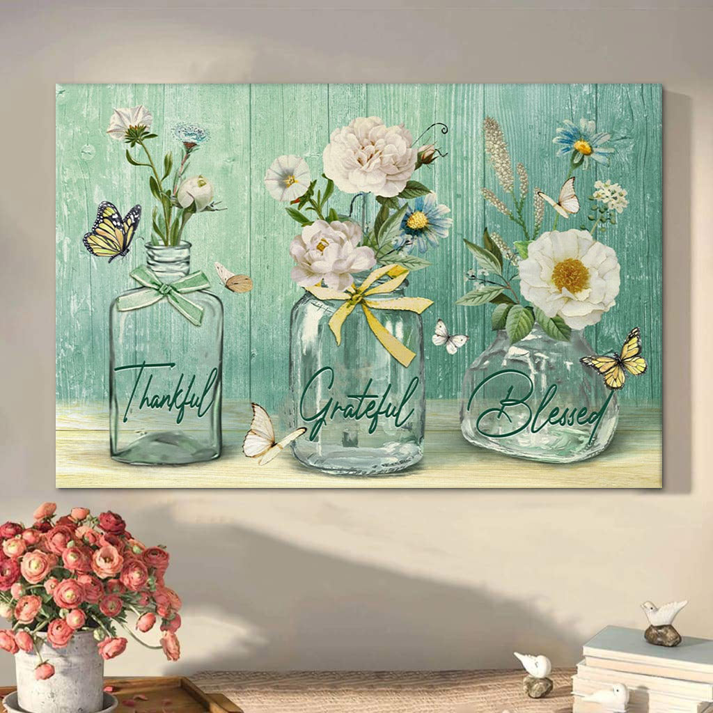 Thankful Grateful Blessed Wall Art Canvas Butterfly Flower Christian Decor - Religious Posters