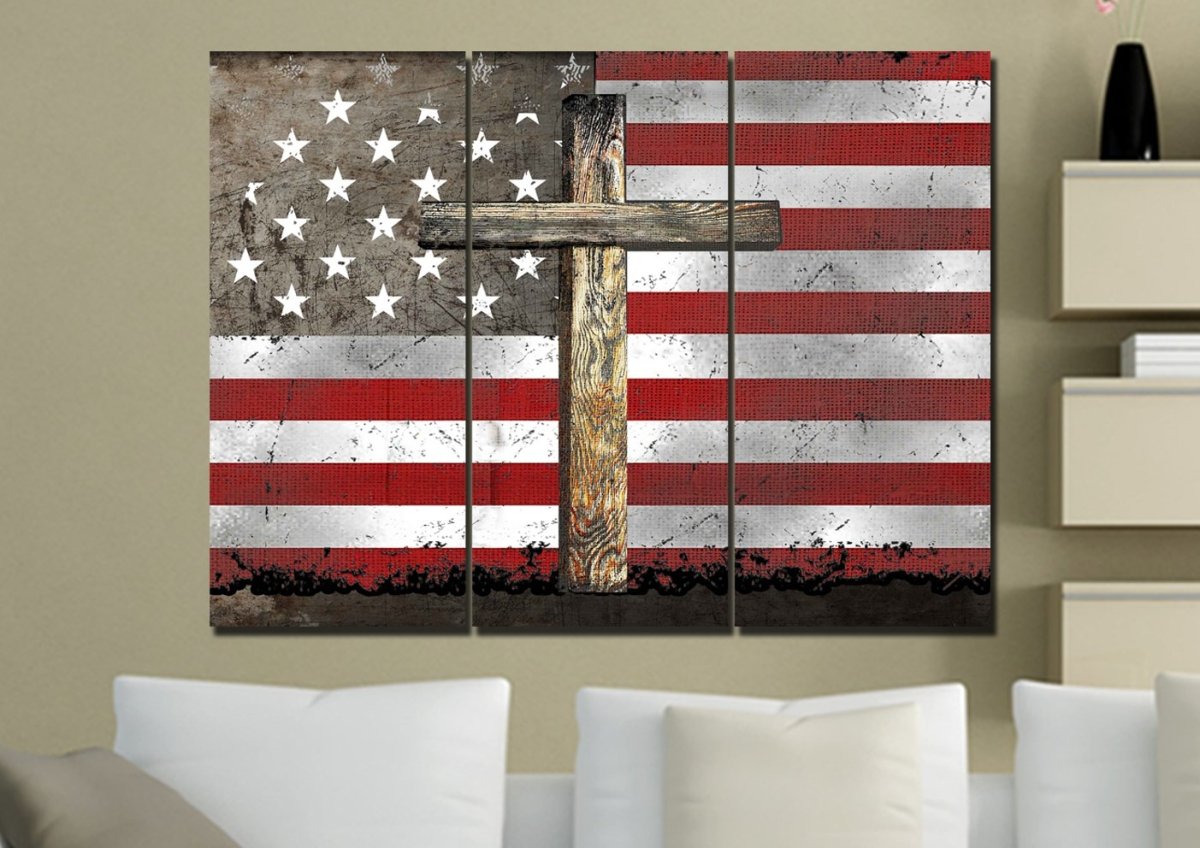 The Cross American Flag Patriotic Wall Art - Christian Canvas Wall Art