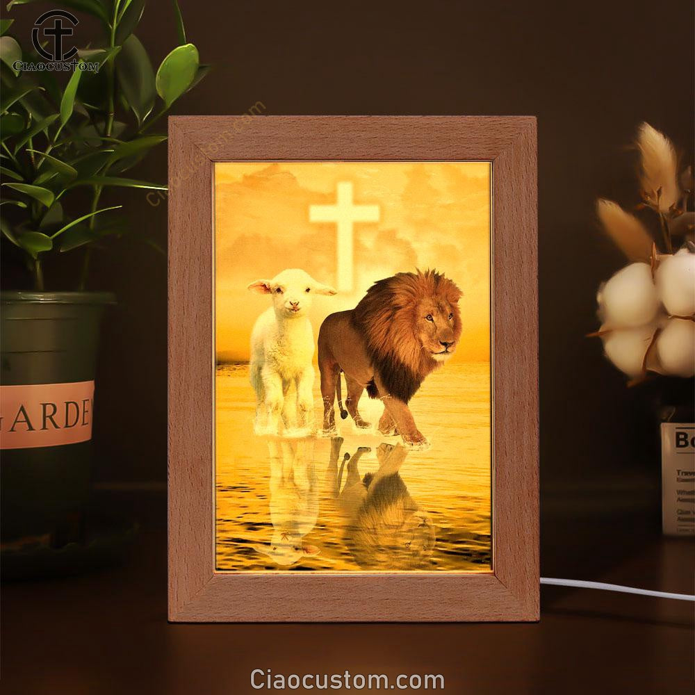 The Lamb Of God And Lion Of Judah Frame Lamp Prints - Bible Verse Wooden Lamp - Scripture Night Light
