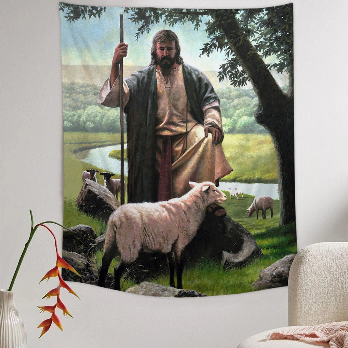 The Lost Lamb Tapestry - Jesus Picture - Religious Tapestry - Christian Tapestry Wall Hangings