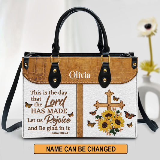 This Is The Day That The Lord Has Made Leather Bag - Custom Name Cross Leather Handbag - Christian Gifts For Women