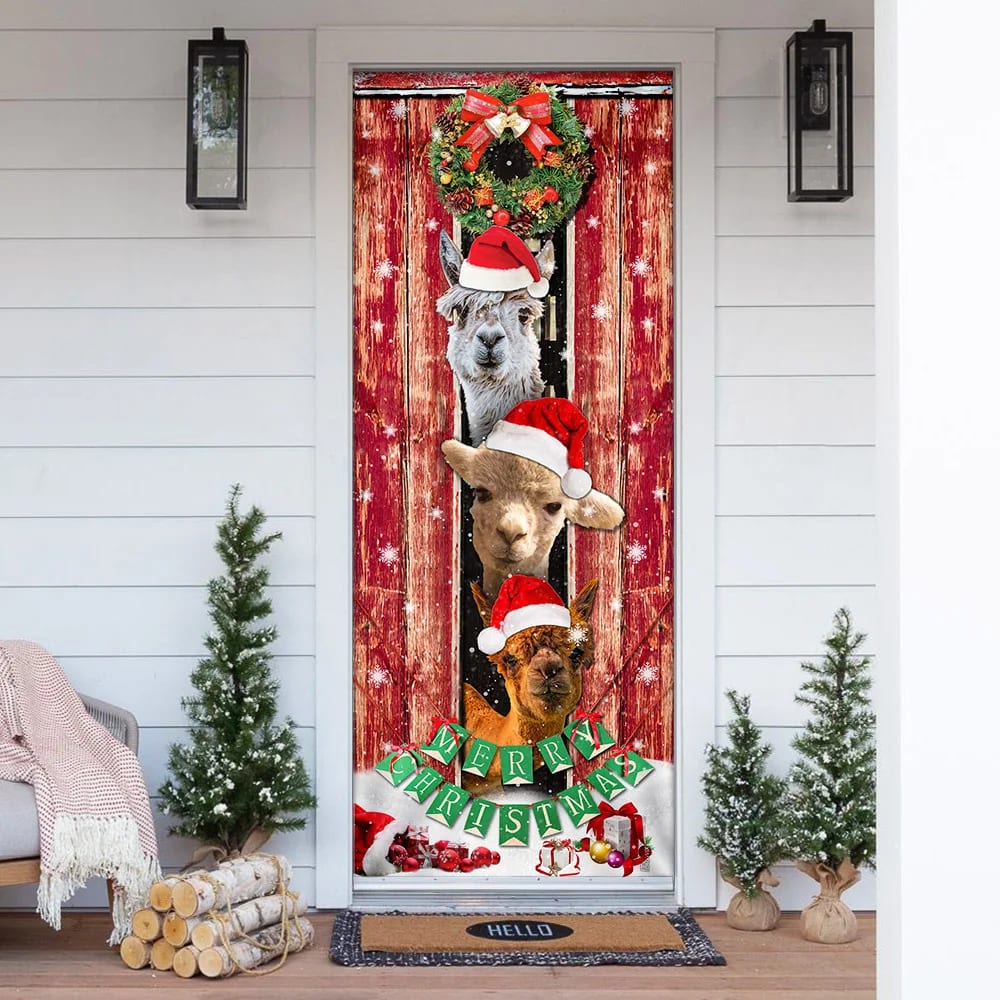 Three Alpacas Happy Place Door Cover - Front Door Christmas Cover - Christmas Outdoor Decoration